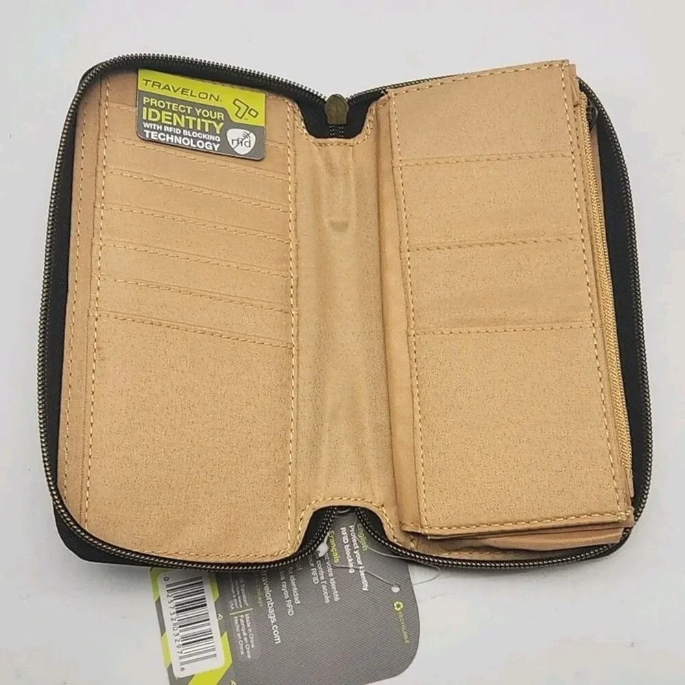 Travelon Wallet Wristlet Black Nylon 7.5x4 Card Organizer Coin Zip RFID NEW